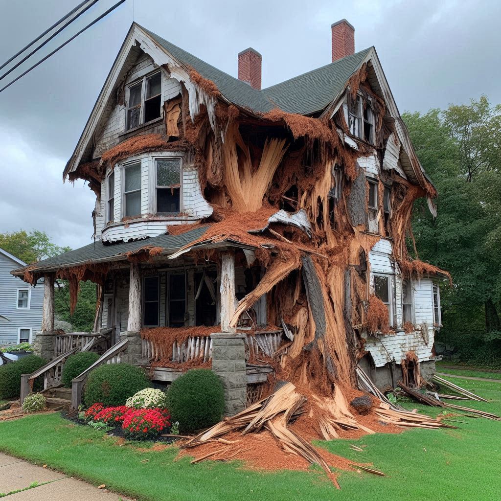 Damaged tree on an Homestead home showing signs of disease and decay